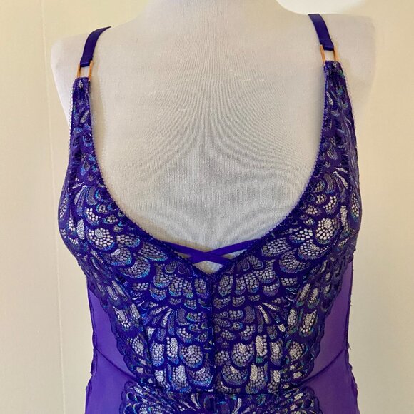 Savage x Fenty Metallic Lace Teddy Bodysuit Grape Purple Small Sheer Criss Cross - Picture 11 of 16
